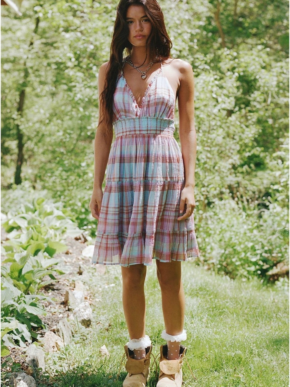 Plaid Spaghetti-Strap Summer Dress in Pastel Pink and Blue